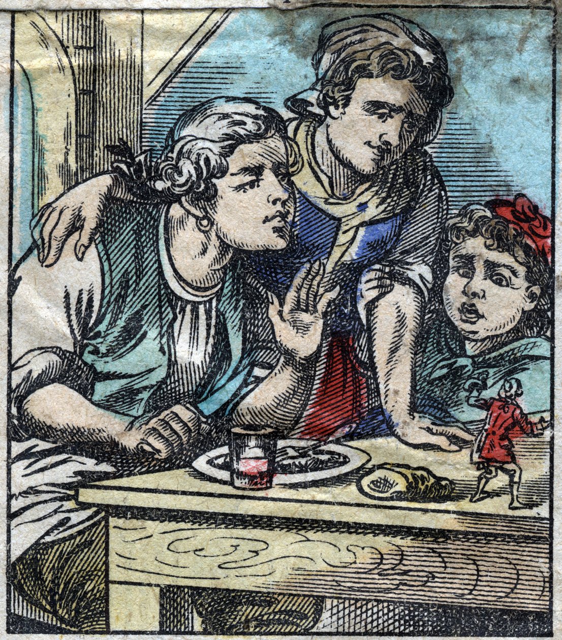 Lemuel Gulliver auf dem Tisch der Familie Glumdalclitch, im Land der Riesen von Brobdingnag. Illustration für "Gullivers Reisen" von Jonathan Swift. Epinal-Bildgebung Ende des 19. Jahrhunderts. von French School