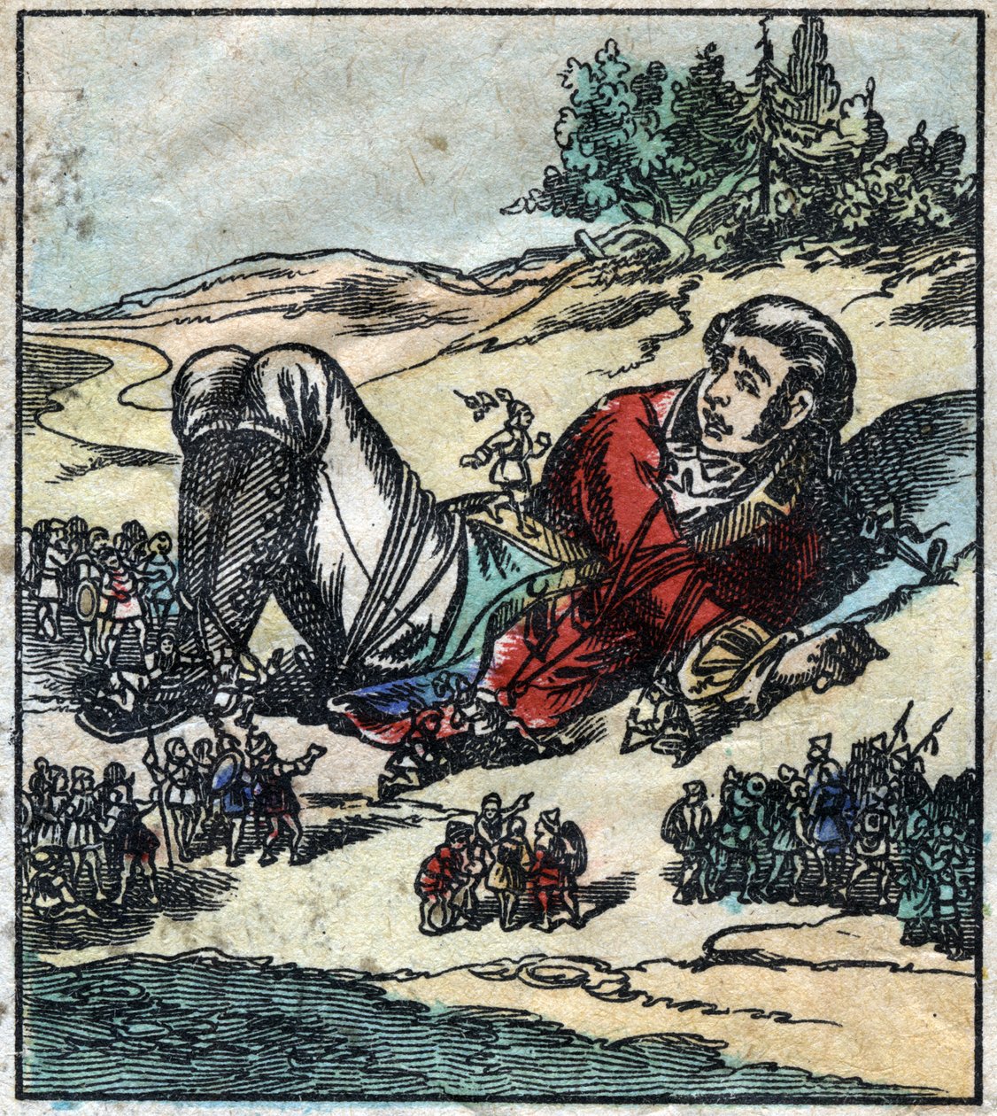 Lemuel Gulliver erwacht nach seinem Schiffbruch und wird von den Lilliputanern gefangen genommen. Illustration für "Gullivers Reisen" von Jonathan Swift (1667-1745). Epinal-Bildgebung Ende des 19. Jahrhunderts. von French School