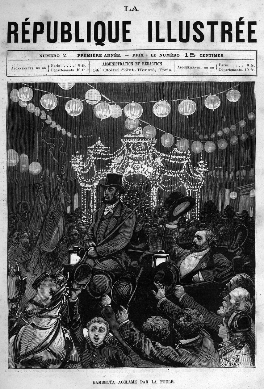 Léon Gambetta (1838-1882) begrüßt die Statue auf dem Place de la République in Paris. Eine Zeitung. Gravur von 1880 in „La république illustrée“ private Sammlung. von French School