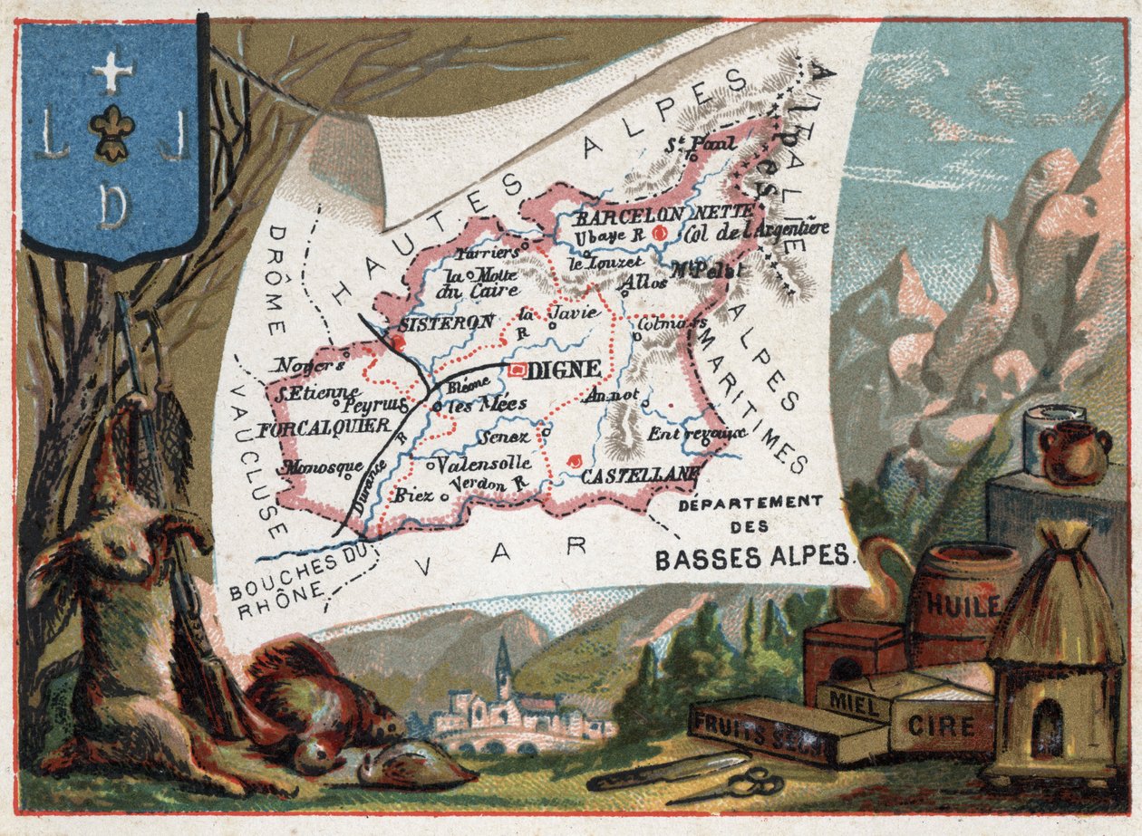 Les Basse-Alpes (Basse-Alpes), heute Département Alpes-de-Haute-Provence (Alpes de Haute-Provence 04), Frankreich. Lokale Spezialität: Jagd, Wachs, Honig, Trockenfrüchte und Öl. Serie über die französischen Departements. Chromolithographie „der geografisch von French School