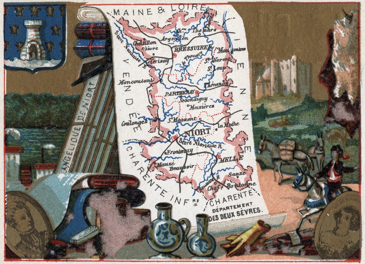 Les Deux Sevres (Deux-Sevres, 79), Poitou Charente (Poitou-Charente), Frankreich. Niorts Engel. Serie über die französischen Departements. Chromolithographie „der geografische Faden“, um 1920. Private Sammlung von French School