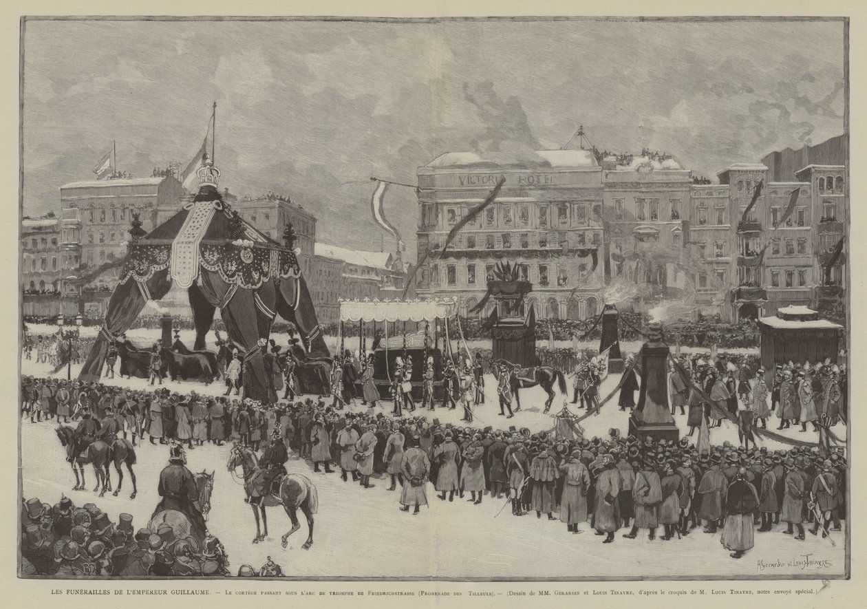 Die Beerdigung von Kaiser Wilhelm, Der Zug unter dem Triumphbogen der Friedrichstraße, Promenade des Tilleuls (Gravur) von French School
