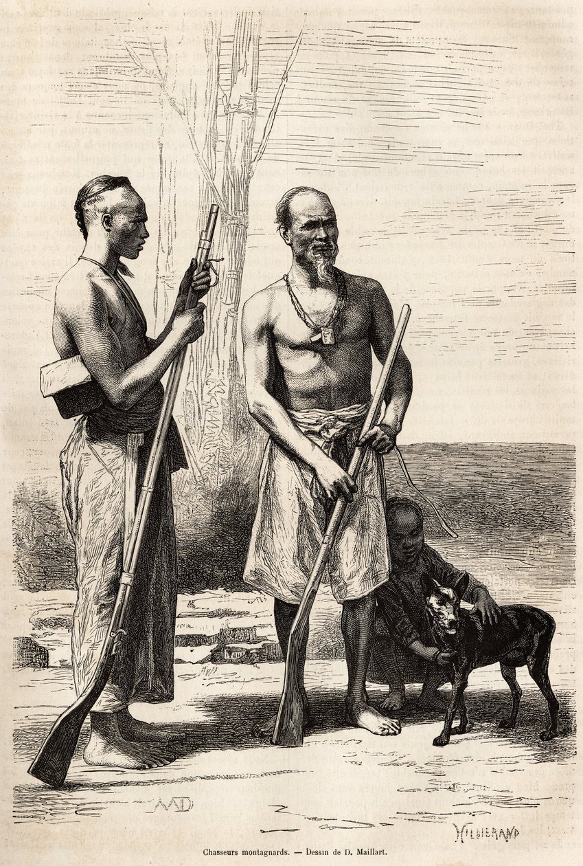 Die Bergjäger der Insel Formosa, Gravur nach einer Zeichnung von D. Maillard, zur Illustration der Reise nach China, von J. Thompson, 1870-1872, veröffentlicht in „Le tour du monde“ 1875, herausgegeben von Edouard Charton, Hachette, Paris. Selva-Sammlung von French School