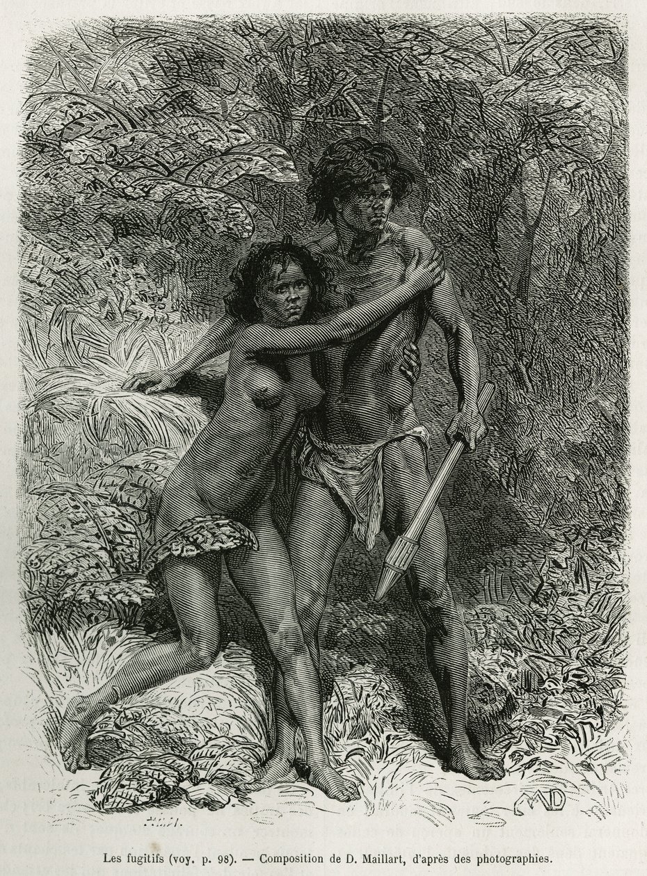 Die flüchtigen Aborigines, Gravur nach einer Zeichnung von D. Maillart, zur Illustration der Geschichte sechs Monate in Australien, von Désiré Charnay, einer Mission des Ministeriums für öffentliche Bildung, 1878, veröffentlicht in der Tour du monde, unter von French School