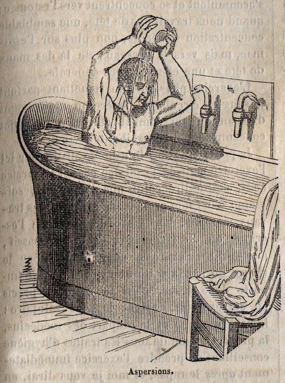 Die Gesten des Bades - Hygiene im 19. Jahrhundert - Mann in einer Badewanne - Gravur in „La Sante Universelle - Guide Medical des Familles“ 1852 von French School