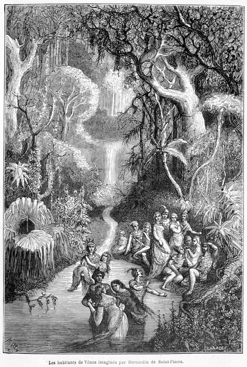Die Bewohner der Venus vorgestellt von Henri Bernardin de Saint Pierre (Saint-Pierre oder St-Pierre), französischer Schriftsteller (1737-1814) - in „Die Länder des Himmels“ von Camille Flammarion, ed. Marpon & Flammarion, Paris von French School