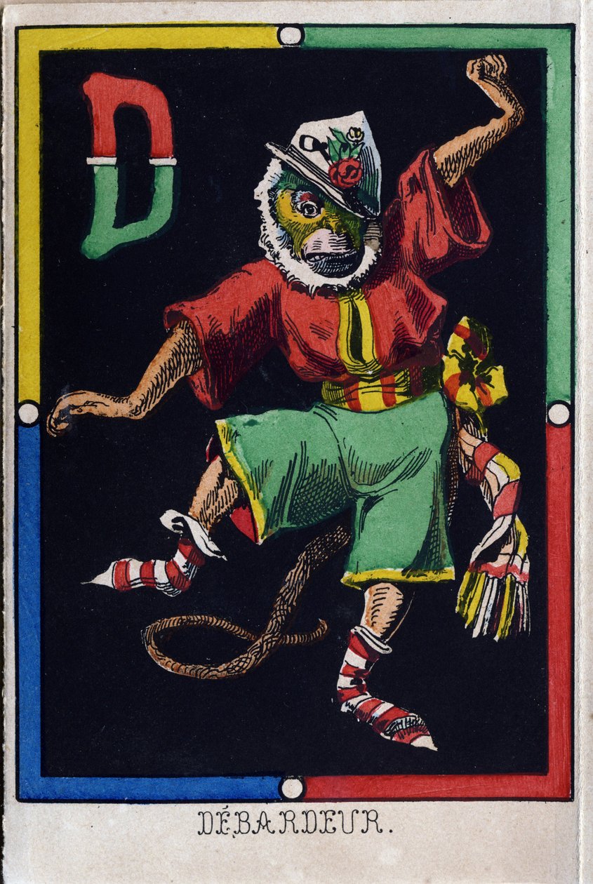 Buchstabe D wie Deflektor. Affenalphabet. Holzgravur. Bild von Epinal von French School