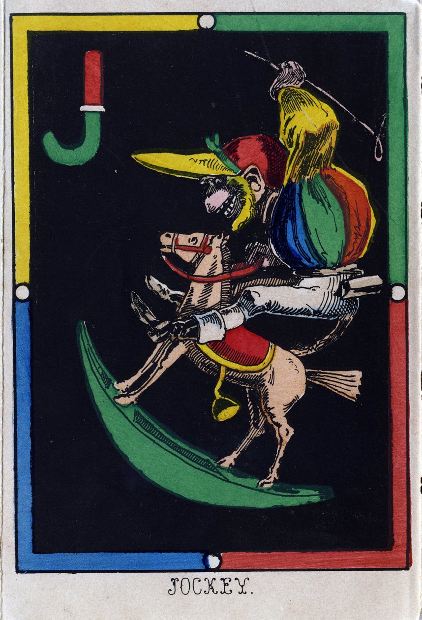 Buchstabe J wie Jockey (Affe auf einem Schaukelpferd). Affenalphabet. Holzgravur. Bild von Epinal von French School