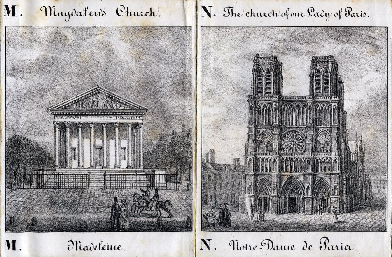 Buchstabe M Madeleine und N Notre-Dame de Paris (Notre Dame de Paris) - „Alphabet Picturesque des Monumens de Paris“ um 1840 (Gravur) von French School