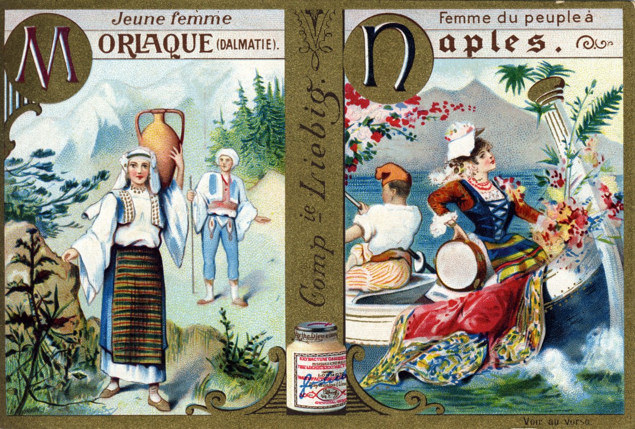 Buchstabe M als Morlac-Jungfrau und N als Frau des Volkes in Neapel. Frauenalphabet. Serie von 12 Bildern. Liebig-Werbung von French School