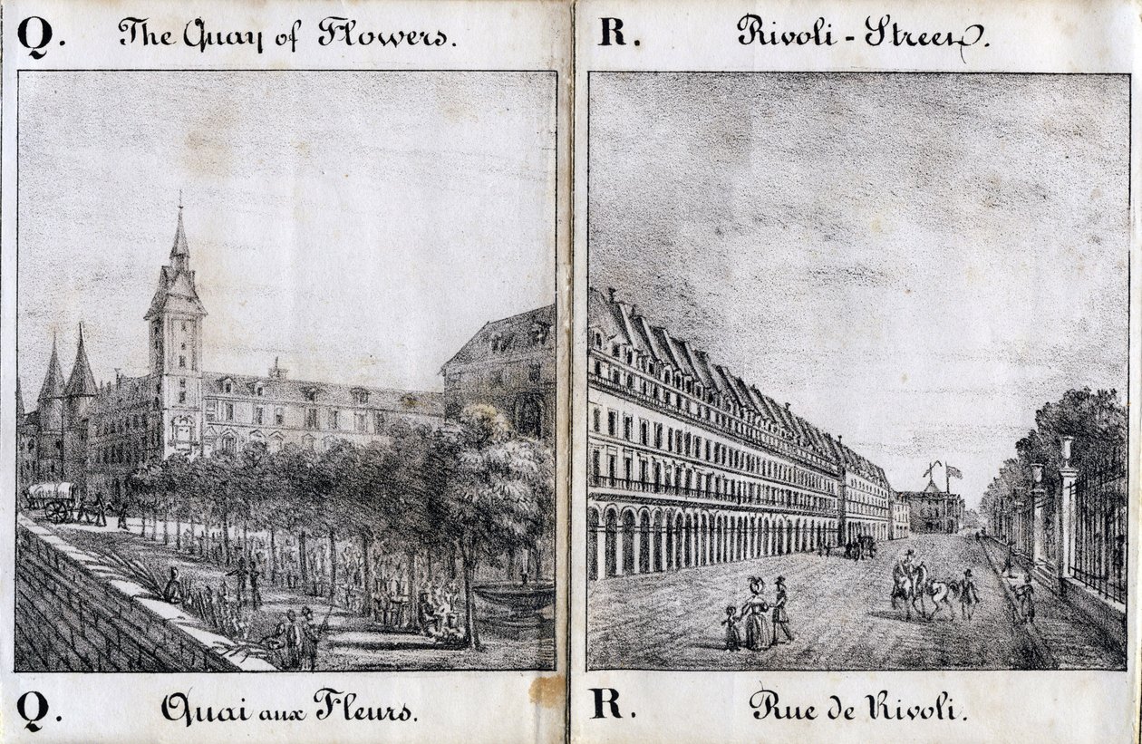 Buchstabe Q und A: Der Blumendock und die Rue de Rivoli - „Alphabet Picturesque des Monumens de Paris“ ca. 1840 (Gravur) von French School