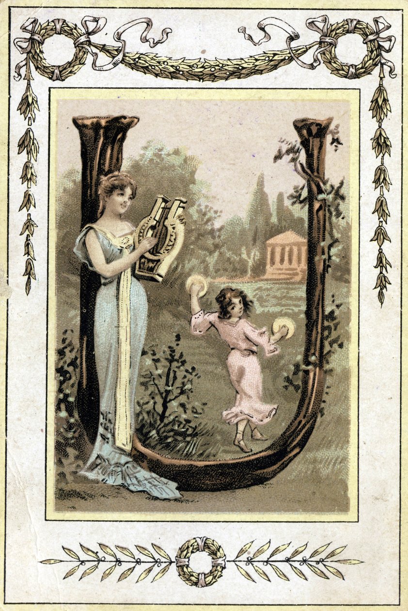 Brief, der eine Mutter, die Lyra spielt, und ihre Tochter, die mit einer Pauke tanzt, darstellt, späte 19. Jahrhundert (Chromolithographie) von French School