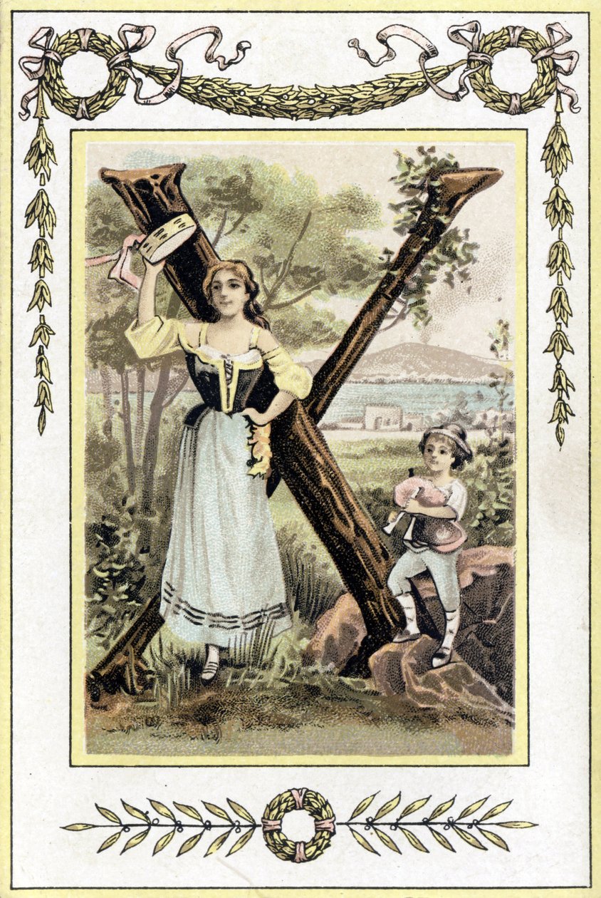 Brief, der eine Mutter mit einer Pauke und ihren Sohn als Hirten mit einer Sackpfeife darstellt, späte 19. Jahrhundert (Chromolithographie) von French School