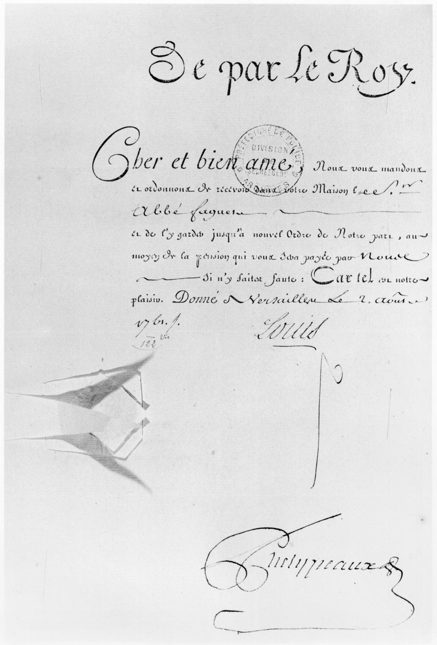 Lettre de Cachet von König Ludwig XV. zur Inhaftierung des Abbe Faguer, 2. August 1761 (Feder und Tinte auf Papier) von French School