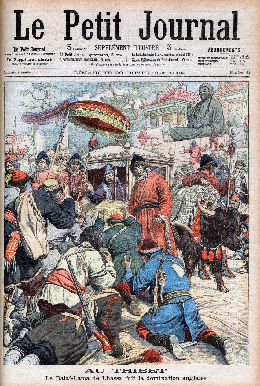 Lhasas 13. Dalai Lama (Thubten Gyatso) (1876-1933) flieht vor der englischen Herrschaft in „Le Petit Journal“ vom 20. November von French School
