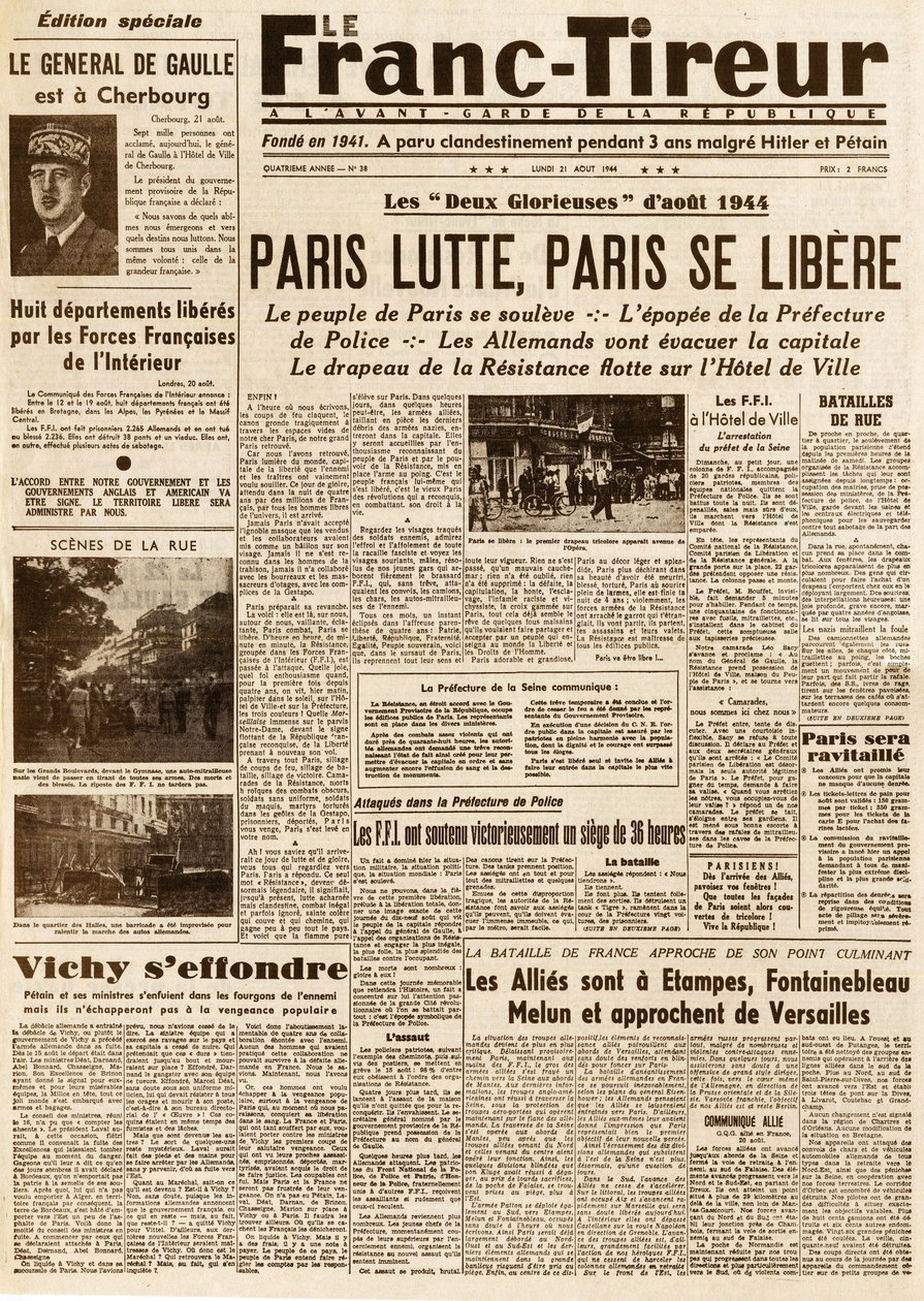 Befreiung von Paris - Le FRANC TIROUR Nummer 38 vom 21. August 1944 - Paris kämpft, Paris befreit sich von French School