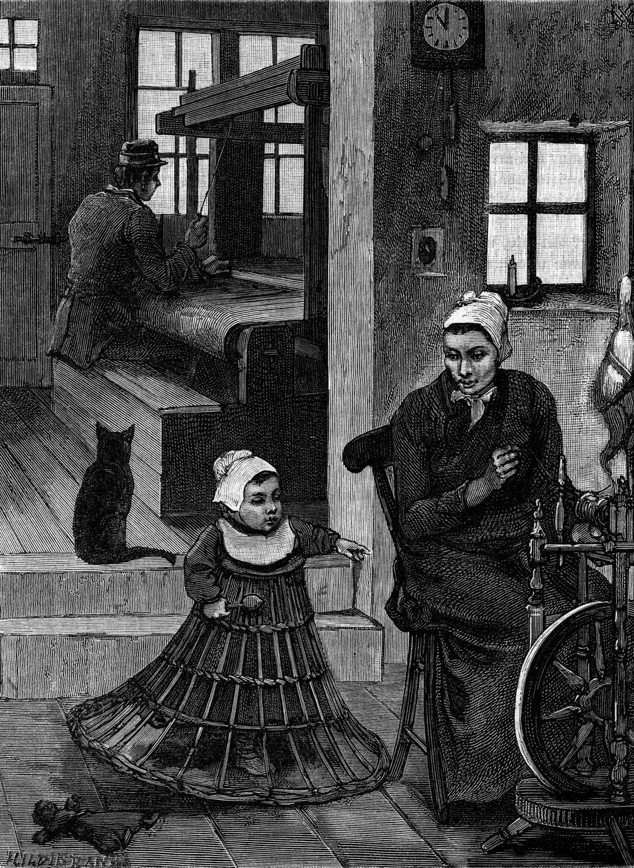 Leinen: Weberinterieur mit Weber und Spinnrad. Gravur in „Le Journal de la jeunesse“ von French School