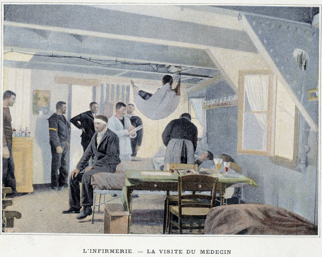 Die Krankenstation - Der Besuch des Arztes - in „Album militaire - Marine: Das Leben an Bord“ von French School