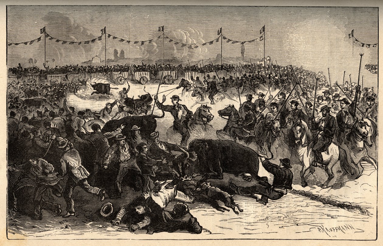 Viehbrandmarkung - La ferrade en Camargue (Fest organisiert während der Brandmarkung des Viehs) - Gravur in 