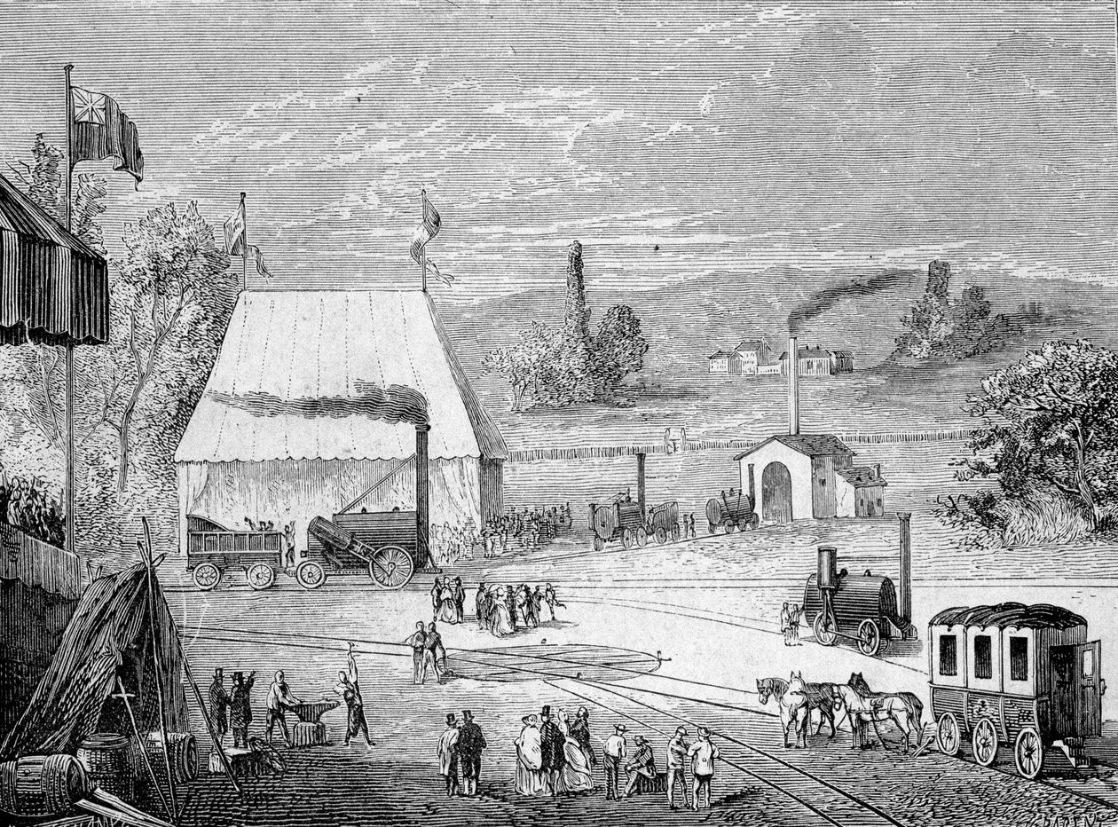 Lokomotivwettbewerb in Liverpool, Oktober 1829 - im „Album der Wissenschaft; berühmte Gelehrte; Große Entdeckungen“ 1896. von French School