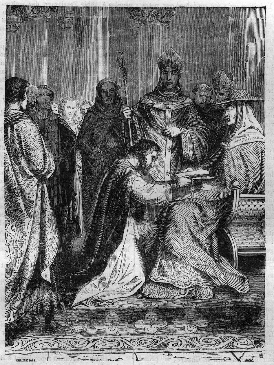 Lothar I. (795-855) zu Füßen von Papst Adrian II. (792-872). Gravur in „Histoire des Papes-Rois-Reines und Kaiser durch die Jahrhunderte“ von Maurice Lachatre von French School