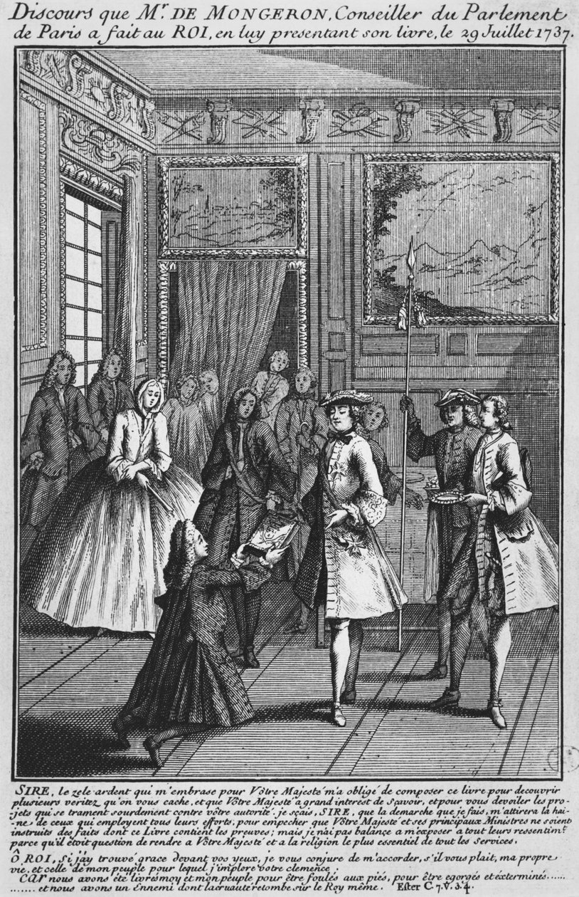Louis Basile Carré de Montgeron überreicht sein Buch über Diakon François de Paris und die Konvulsionäre von Saint-Médard König Ludwig XV., 1737 von French School