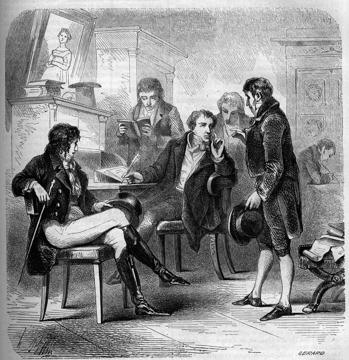 Louis Benoit (Louis-Benoit) Picard (1769-1828), ein französischer Schriftsteller und Komiker, dargestellt in seinem Studio. Gravur von 1858. von French School