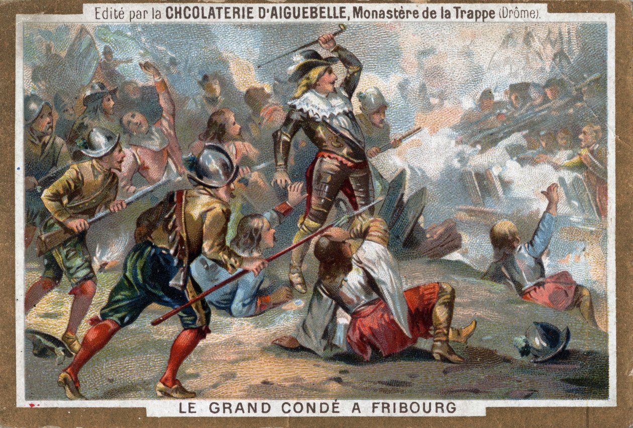 Louis II. von Bourbon, Prinz von Condé, bekannt als Le Grand Condé, in der Schlacht bei Freiburg 1644. Chromolithographie des 19. Jahrhunderts von French School