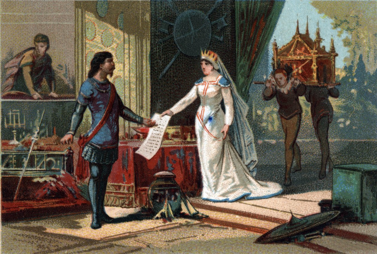Ludwig II., genannt der Stammler (846-879), König von Frankreich, erhält von seiner Schwiegermutter Richilde von den Ardennen das Testament und den Schatz seines Vaters Karl II. Chromolithographie um 1890. von French School