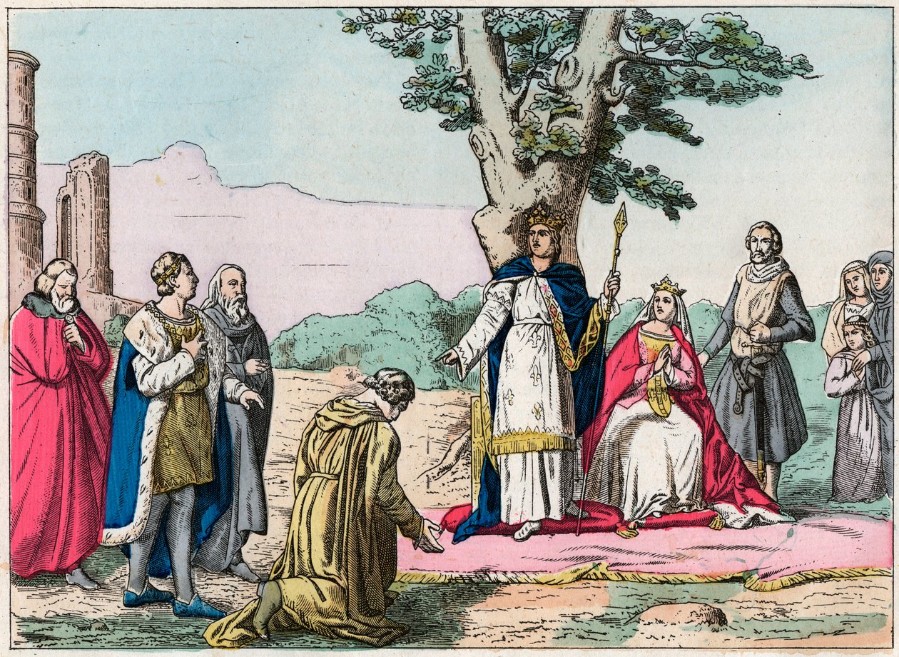 Ludwig IX., genannt „Saint-Louis“ (1214-1270), richtet über alle seine Untertanen im Bois de Vincennes - Gravur Ende des 19. Jahrhunderts in „Nos Gires Nationales - Images et récits“ von French School