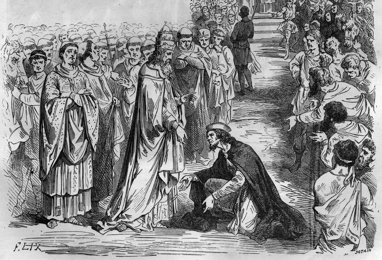 Ludwig I. der Fromme oder der Milde (778-840) auf den Knien von Papst Stephan V. (Stefano, Papst von 896 bis 897). Gravur in „Histoire des Papes-Rois-Reines und Kaiser durch die Jahrhunderte“ von Maurice Lachatre von French School