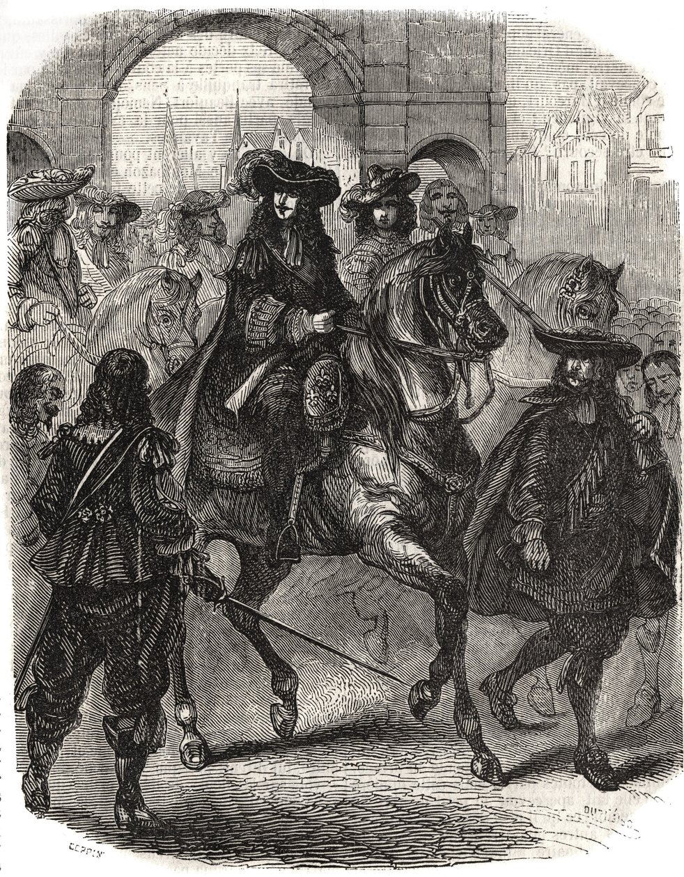 Ludwig XIV. (1638-1715) und seine Frau Maria Theresia von Österreich (1638-1683) zogen 1660 in Paris ein. Gravur in „Geschichte Frankreichs“ von L.-P. Anguetil von French School