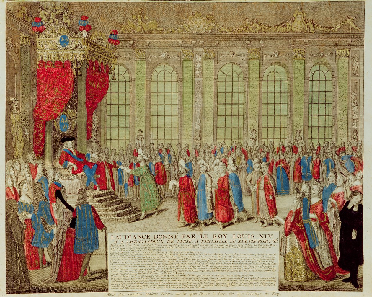 Ludwig XIV. empfängt den persischen Botschafter Mohammed Reza Beg in der Spiegelgalerie von Versailles, 19. Februar 1715 von French School