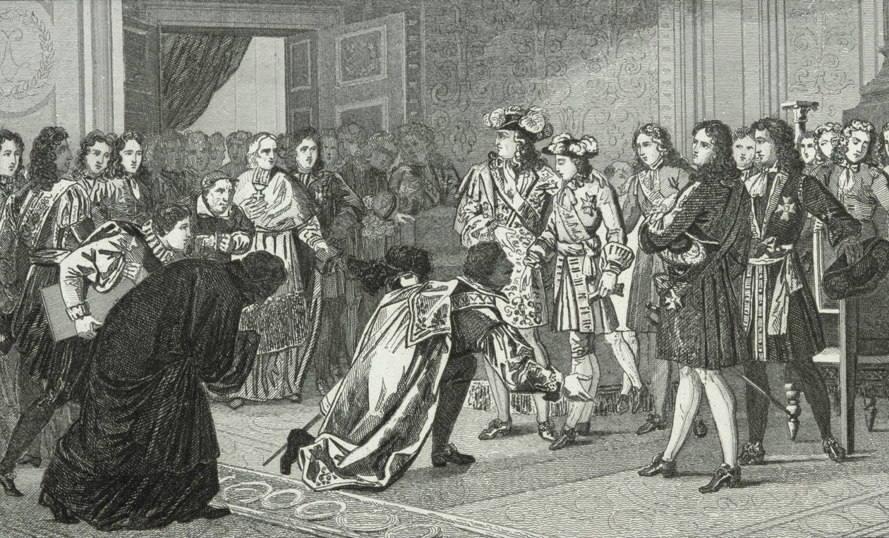 Ludwig XIV. (1638-1715), der Sonnenkönig, stellt seinen Enkel Philippe V. (1683-1746) den spanischen Gesandten vor, aus 