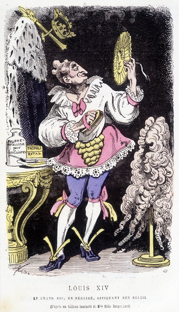 Louis XIV.: der große König, vernachlässigt, seinen Sonnenstrahl polierend - in „Histoire de France Tintamarresque“ von Touchatout von French School