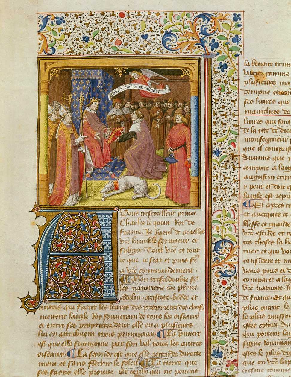 MS 246 f.1r Raoul de Presles überreicht seine Übersetzung an Karl V. (1338-80) aus La Cité de Dieu von St. Augustinus, übersetzt von Raoul de Presles (1316-82) ca. 1400-50 von French School