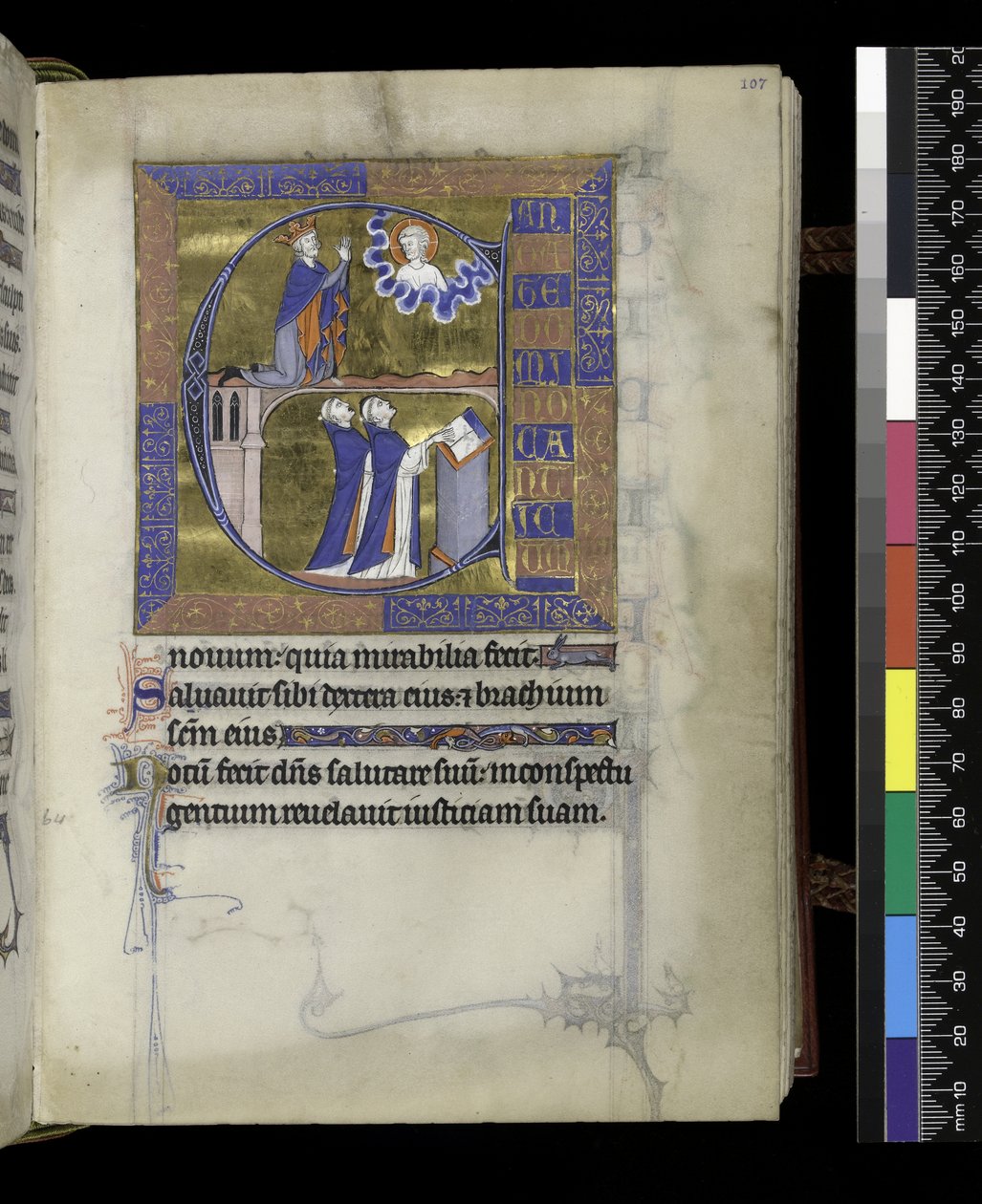 MS 300 f.107r, David betet zu Gott (oben), zwei Kleriker (unten), aus dem Psalter und Stundenbuch der Isabella von Frankreich, Paris, ca. 1265-70 von French School