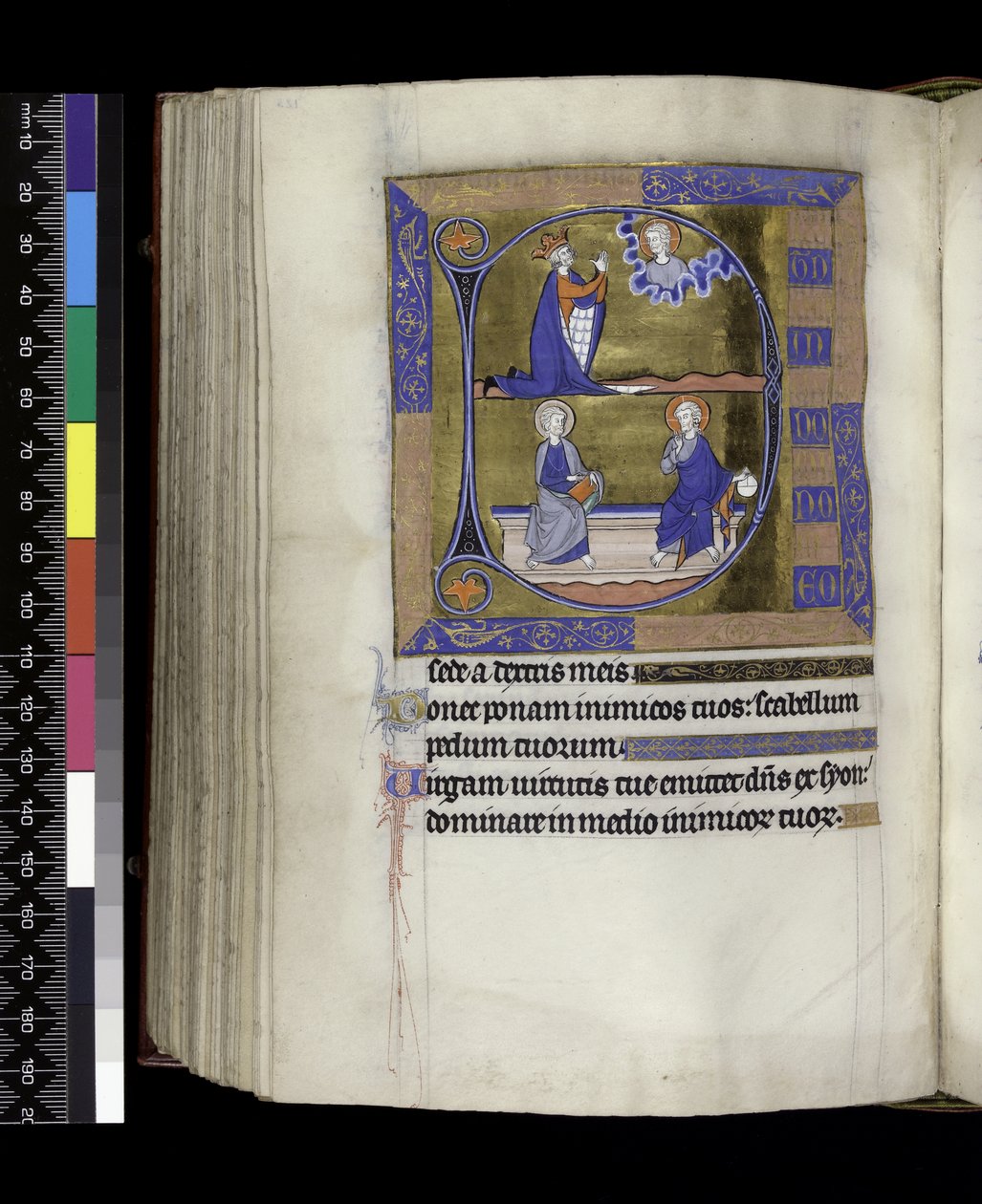 David betet zu Gott (oben); Gott mit Kugel und Christus mit Buch auf Bank sitzend (unten), aus dem Psalter und Stundenbuch der Isabella von Frankreich, Paris, ca. 1265-70 von French School