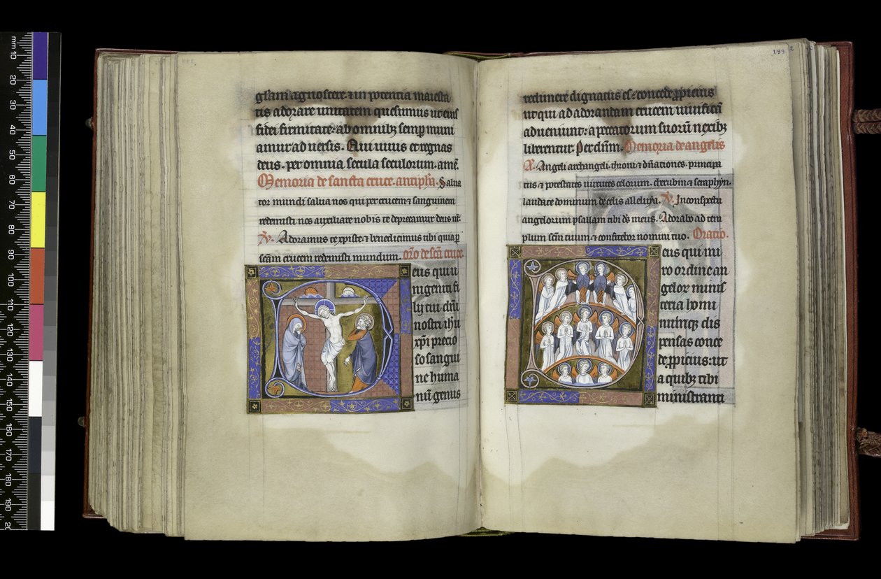 MS 300 f.198v-199r, Suffragium zum Kreuz und Suffragium zu den Engeln, aus dem Psalter und Stundenbuch der Isabella von Frankreich, Paris, ca. 1265-70 von French School
