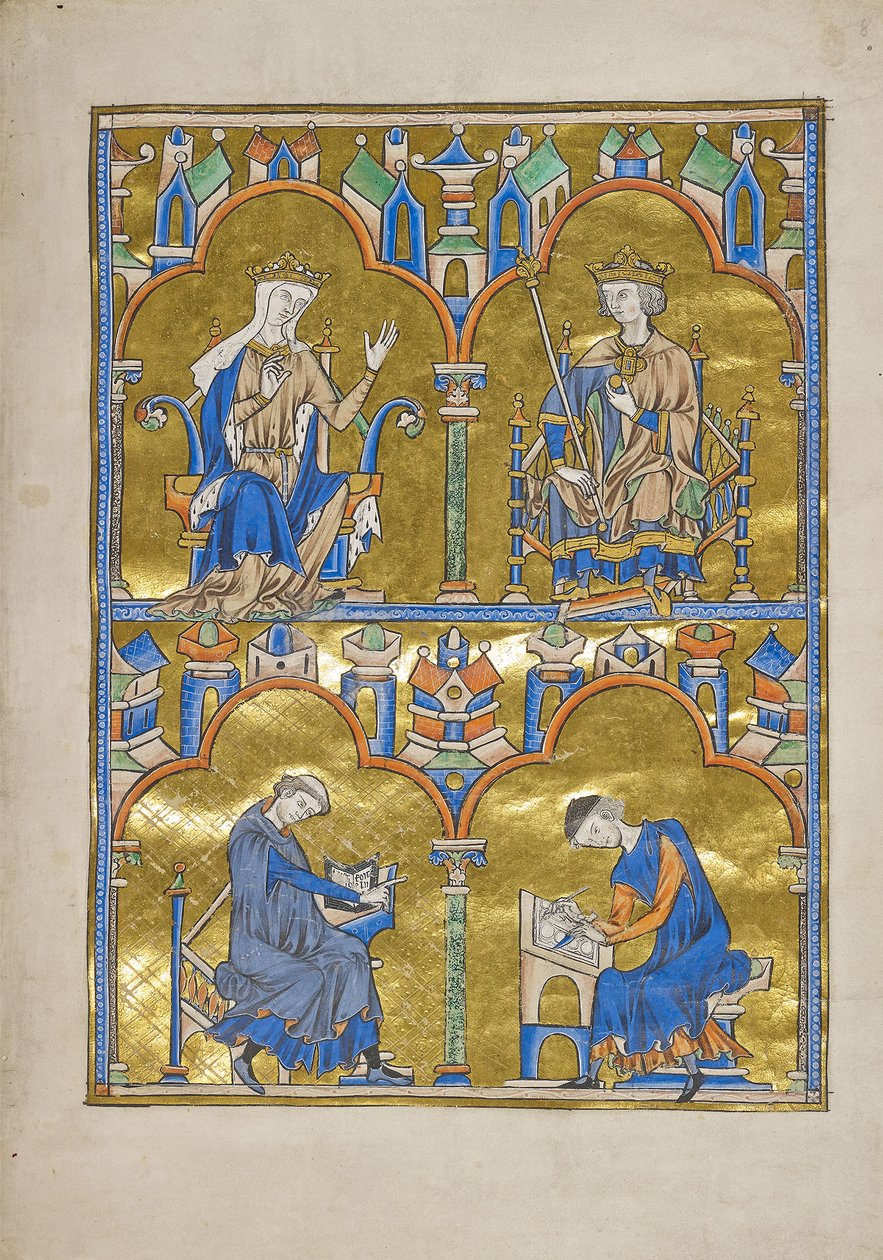 MS M.240 f.8r, Blanche von Kastilien und König Ludwig IX. von Frankreich und unten: Autor diktiert einem Schreiber, Bibel von Saint Louis (Moralische Bibel), wahrscheinlich Paris von French School