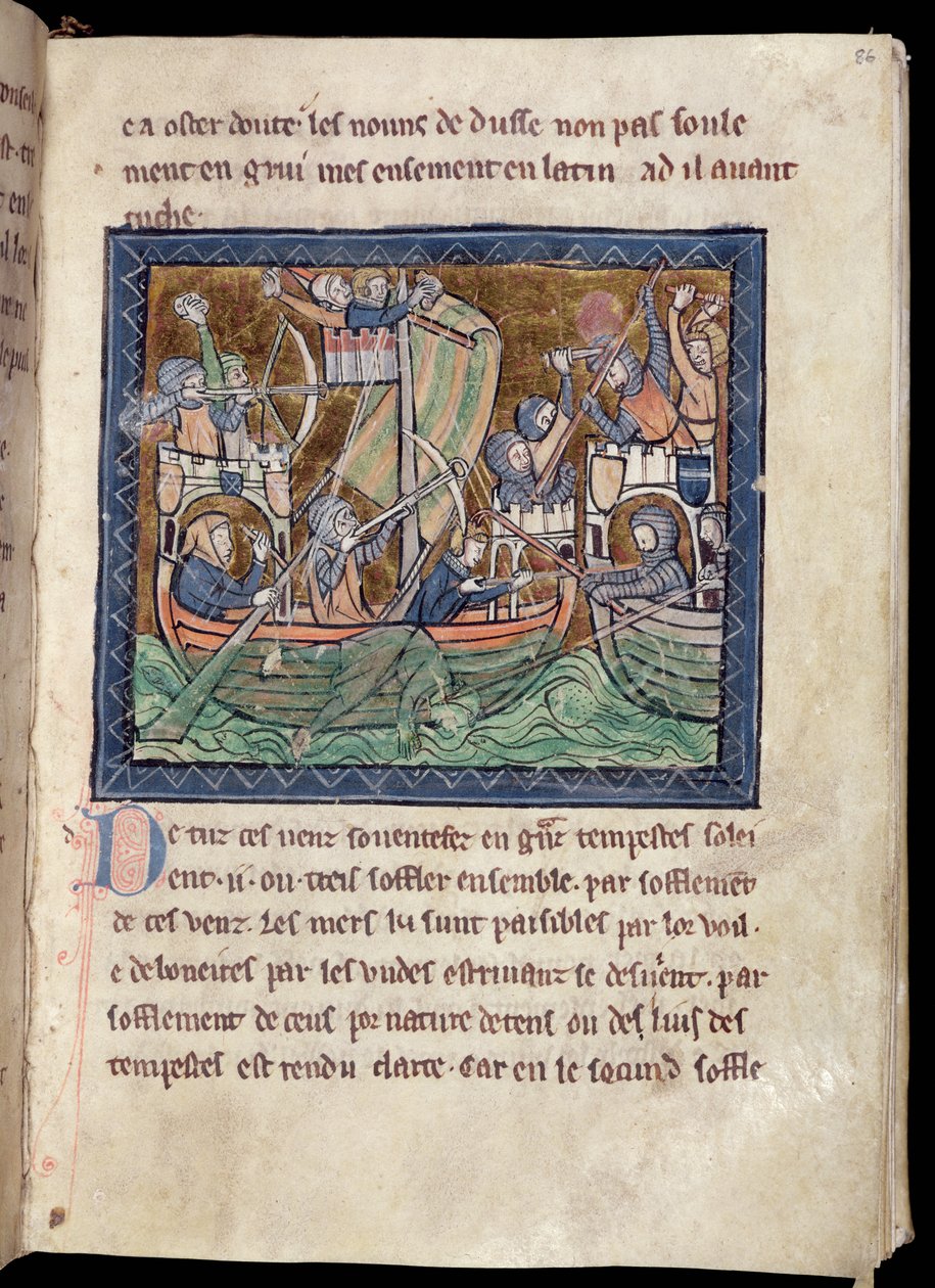 Seite mit Text und Beleuchtung einer Seeschlacht, aus De Re Militari, um 1270 von French School