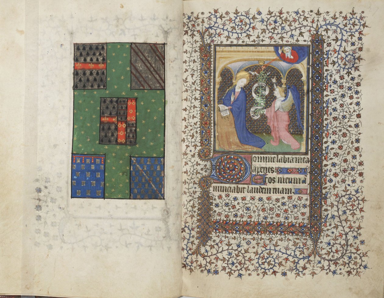 MS Widener 4, ff.26v-27r, Wappen und die Verkündigung, aus einem Stundenbuch, Gebrauch von Rennes, ca. 1405 von French School