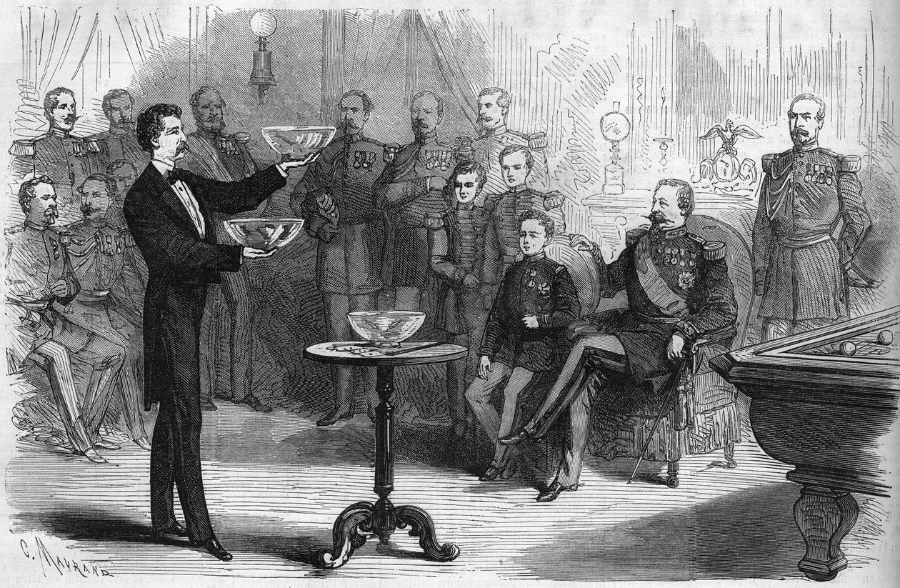 Zaubershow von Herrn Faure Nicolay im Lager von Chalons in Anwesenheit von Kaiser Napoleon III. (1808-1873) und seinem Sohn Prinz Imperial (1856-1879). von French School
