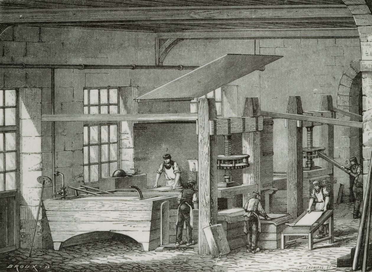 Papierherstellung von Hand durch Sieben von Zellstoff. Gravur um 1870. von French School