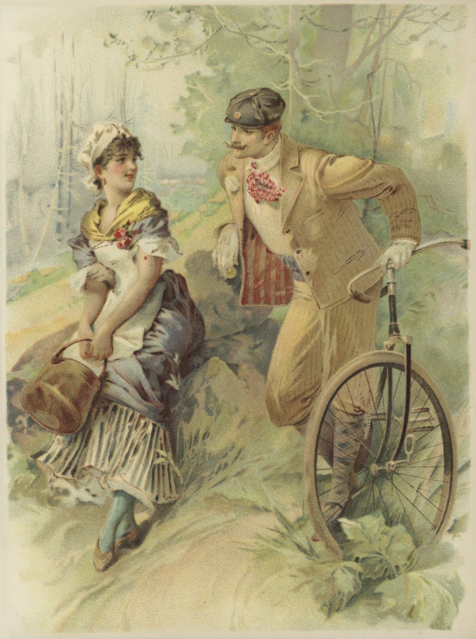 Mann auf Fahrrad macht einem Dienstmädchen Avancen von French School