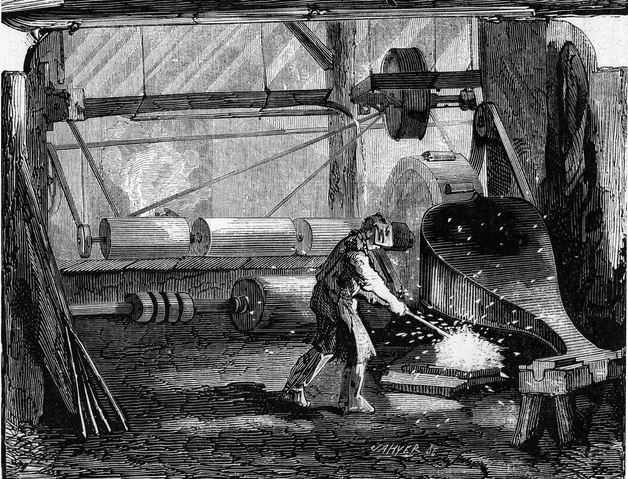 Herstellung von Gewehrläufen: Die Eisenstreifen sind rot blank. Gravur in „Le Monde Illustré“ Nr. 35 vom 12. Dezember 1857. von French School