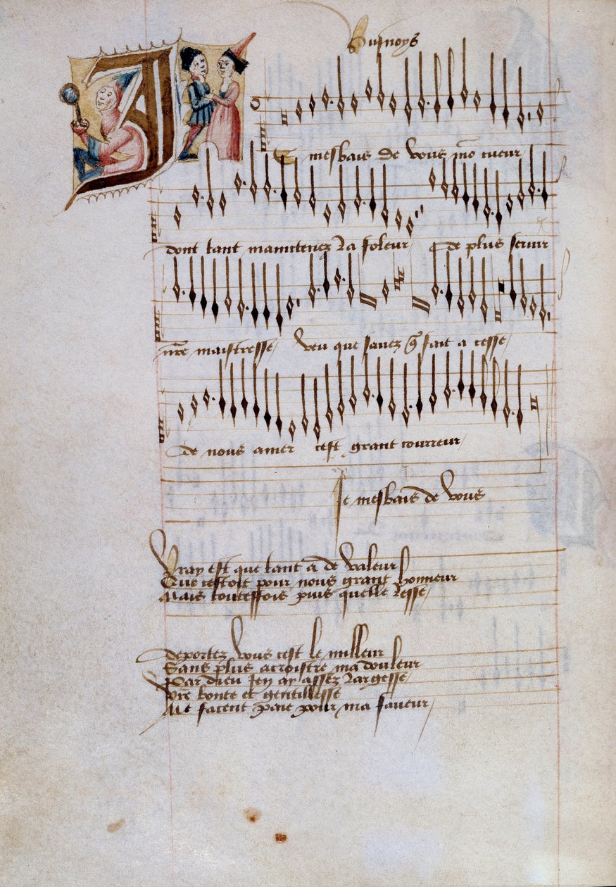 Manuskriptseite einer Sammlung französischer Liedpartituren. 15. Jahrhundert. Dijon, Stadtbibliothek von French School