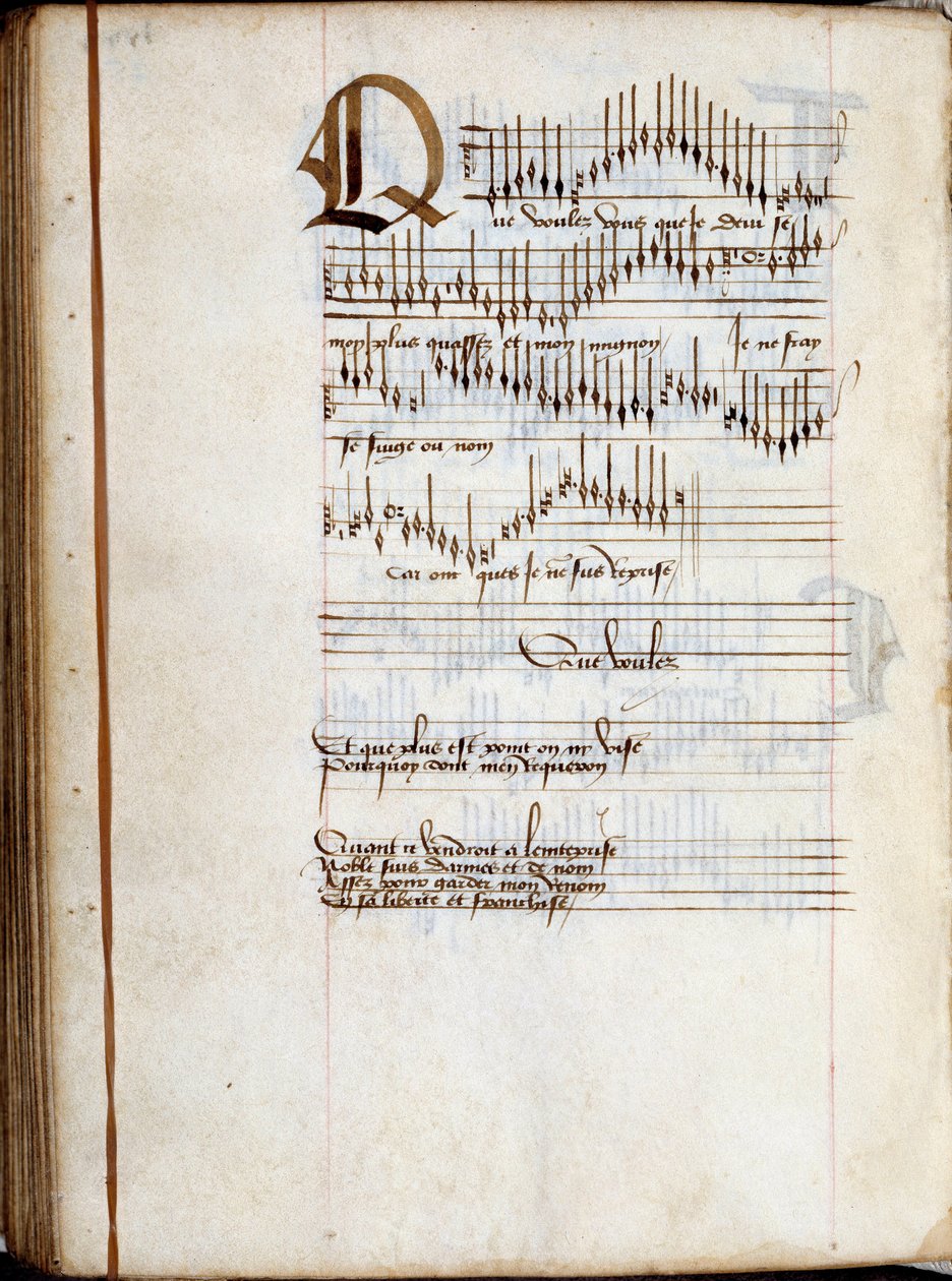 Manuskriptseite einer Sammlung französischer Liedpartituren. 15. Jahrhundert. Dijon, Stadtbibliothek von French School