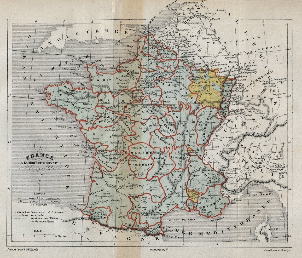 Karte von Frankreich beim Tod von Ludwig XIV. im Jahr 1715 - Plan de La France à la mort de Louis XIV en 1715 - Gravur in „Histoire de France“ von Victor Duruy (1811-1894) - 1882 von French School