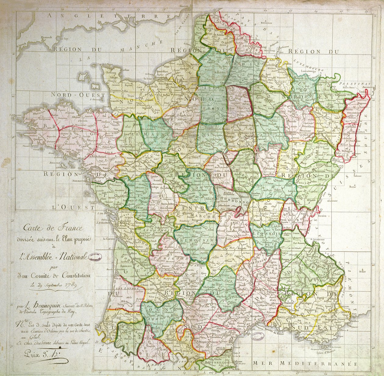 Karte von Frankreich mit Plänen zur Aufteilung der Departements, 1789 von French School